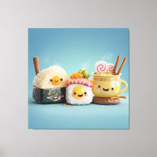 Impressão Em Tela Trio de Sushi Azul Kawaii