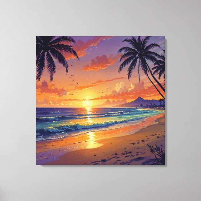 Impressão Em Tela Tropical Beach Sunset - Illustration Style Art (Frente)