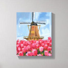 Impressão Em Tela Tulipa Campo Moinho de Vento Holandês Aquarela