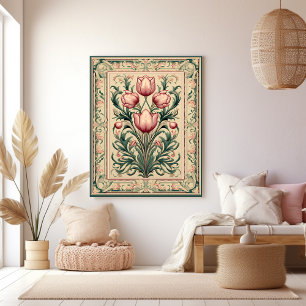 Impressão Em Tela Tulipa Rosa Poeira Esmeralda Medieval Ornamento