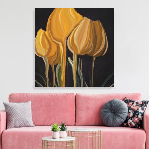 Impressão Em Tela Tulipa Trio Dourada em Preto