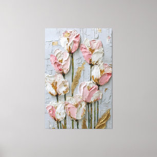 Impressão Em Tela Tulipas Brancas e Rosas com Textura Dourada Abstra