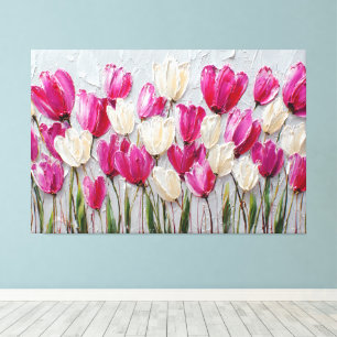 Impressão Em Tela Tulipas Rosa e Branca com Folhas Verdes – Abstrato