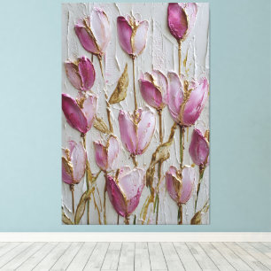 Impressão Em Tela Tulipas Rosa e Branca com Textura Dourada Abstrata