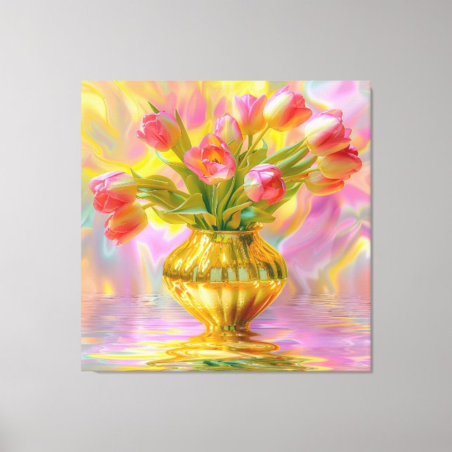 Impressão Em Tela Tulipas Rosa Vibrantes em Vase Ouro (Frente)