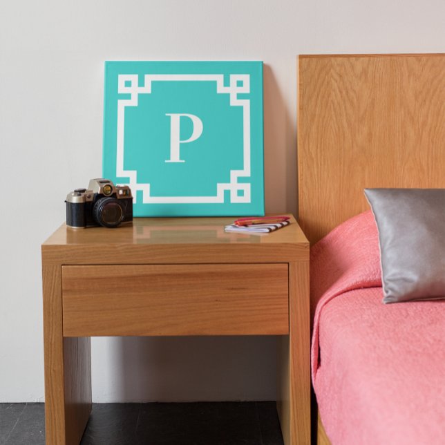 Impressão Em Tela Turquesa e Monograma de Bordas Chave Grego Branco (Criador carregado)