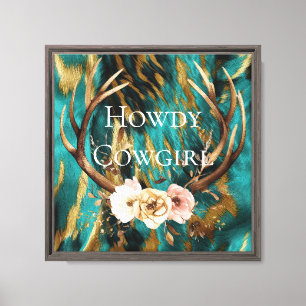 Impressão Em Tela Turquesa Marrom Dourado Cowhide Deer Antlers Flora