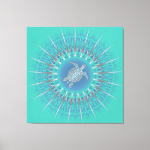 Impressão Em Tela Turquesa Tartaruga Prateada Mandala Costeira