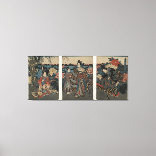 Impressão Em Tela Ukiyo-e Triptych: Aproveitando um Jardim de Peônia