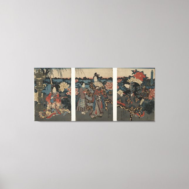 Impressão Em Tela Ukiyo-e Triptych: Aproveitando um Jardim de Peônia (Frente)