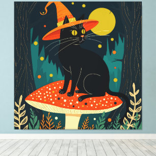 Impressão Em Tela Um Gatinho Preto Bruxo Sentado Em Um Cogumelo