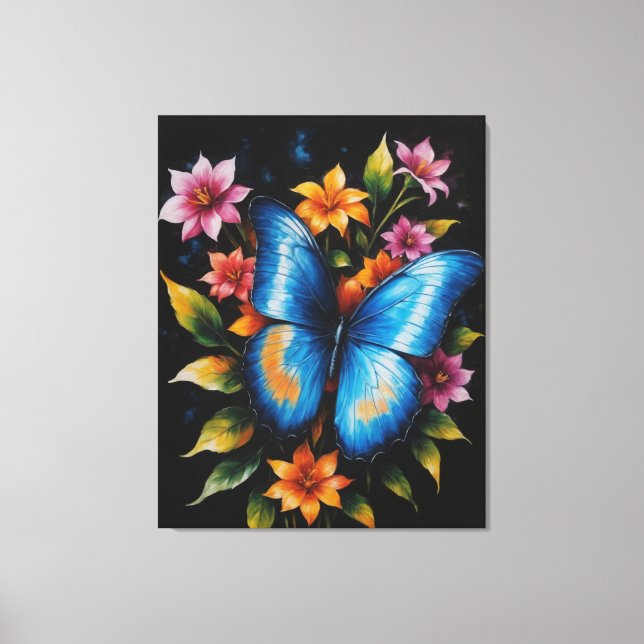 Impressão Em Tela uma borboleta azul sobre uma flor (Frente)