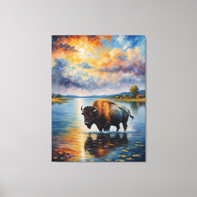 Impressão Em Tela uma pintura de búfalo em um rio (Frente)