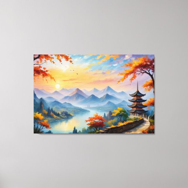 Impressão Em Tela uma pintura de um pagode e um rio (Frente)