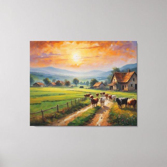 Impressão Em Tela uma pintura de vacas numa estrada num campo (Frente)