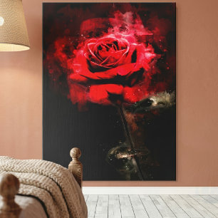 Impressão Em Tela Uma Rosa Vermelha Aquarela em Fundo Preto