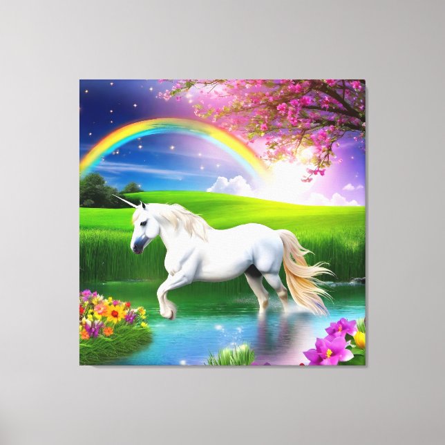 Impressão Em Tela Unicorn Rainbow Landscape Flores One (Frente)