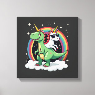 Impressão Em Tela Unicórnio Arco-Íris Montando T rex - Dinossauro Me