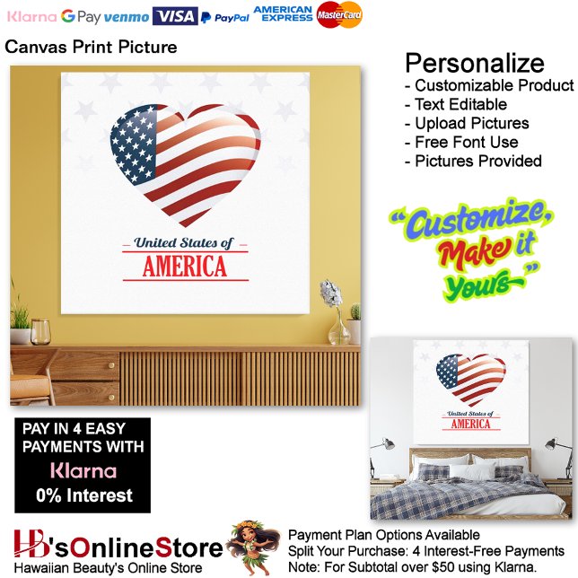 Impressão Em Tela United States of America Flag Heart 11 Picture  (United States of America Flag Heart Canvas Print Picture 11.)