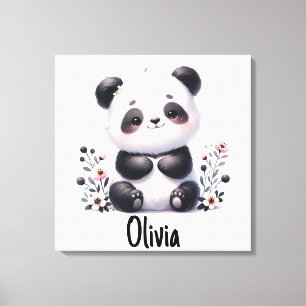 Impressão Em Tela Urso de Panda e Flores com Nome
