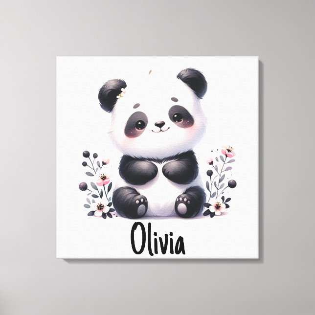 Impressão Em Tela Urso de Panda e Flores com Nome (Frente)