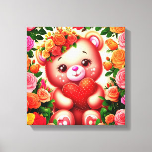 Impressão Em Tela Urso de Teddy Adorável com Rosas e Coração