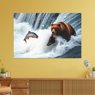Impressão Em Tela Urso Grizzly Captando Salmão