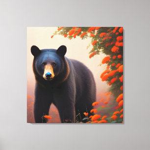 Impressão Em Tela Urso Negro em flores laranja
