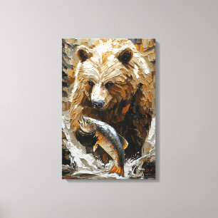Impressão Em Tela Urso Pardo Pescando em Estilo Impasto Dinâmico