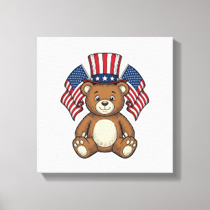 Impressão Em Tela Urso Teddy Patriótico Vintage Design Vetorial_1