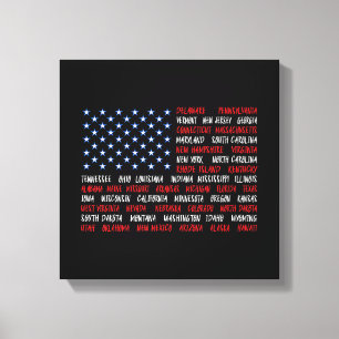 Impressão Em Tela USA American Flag All 50 State Names