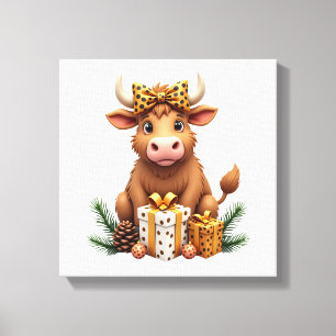 Impressão Em Tela Vaca Alta Escocesa Fofa Natal Papai Noel Amante De