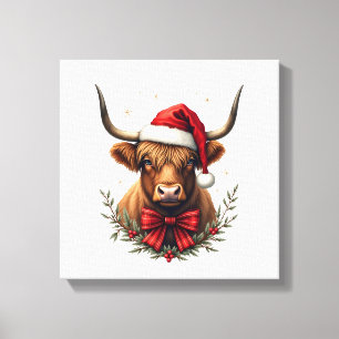 Impressão Em Tela Vaca das Terras Altas do Natal Vintage com Chapéu