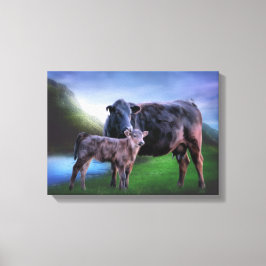 Impressão Em Tela Vaca e vitelo por um Lago Tranquilo em Colinas Rol