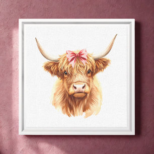 Impressão Em Tela Vaca Highland com Estilo de Aquarela de Arco Rosa