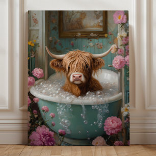 Impressão Em Tela Vaca Highland na Arte Floral Bathtub