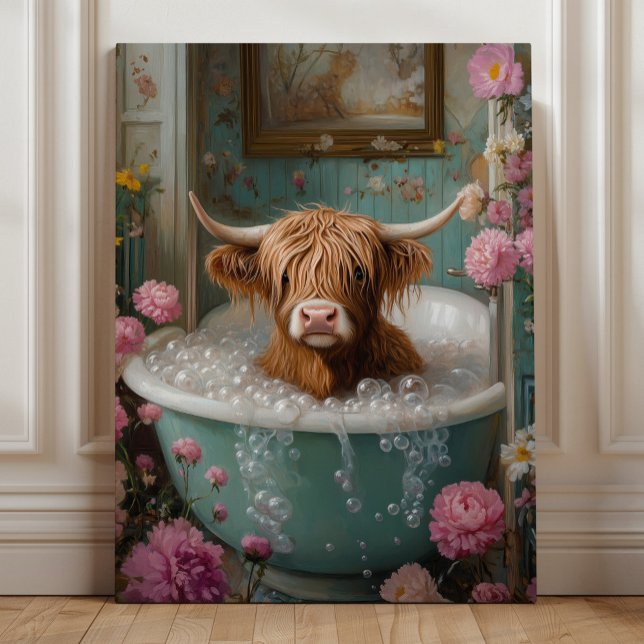 Impressão Em Tela Vaca Highland na Arte Floral Bathtub (Criador carregado)