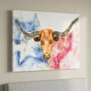 Impressão Em Tela Vaca Longhorn com mapa do Texas e Flag Watercolor