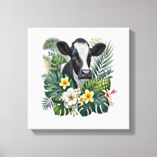 Impressão Em Tela Vaca na Selva Floral Png, Vaca Tropical
