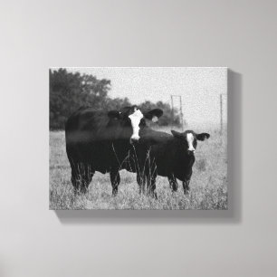 Impressão Em Tela Vaca Preta e Branca com seu Vitelo 8x10