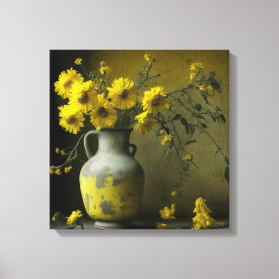 Impressão Em Tela Vaso Antigo de Flores Amarelas