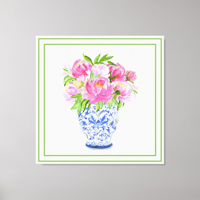 Impressão Em Tela Vaso de Chinoiserie com Peônias Rosa e Borda Verde (Frente)
