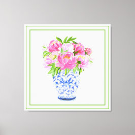 Impressão Em Tela Vaso de Chinoiserie com Peônias Rosa e Borda Verde