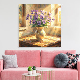 Impressão Em Tela Vaso de Violetas Roxas Impasto