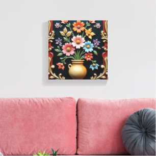 Impressão Em Tela Vaso Dourado com um Buquê Vibrante