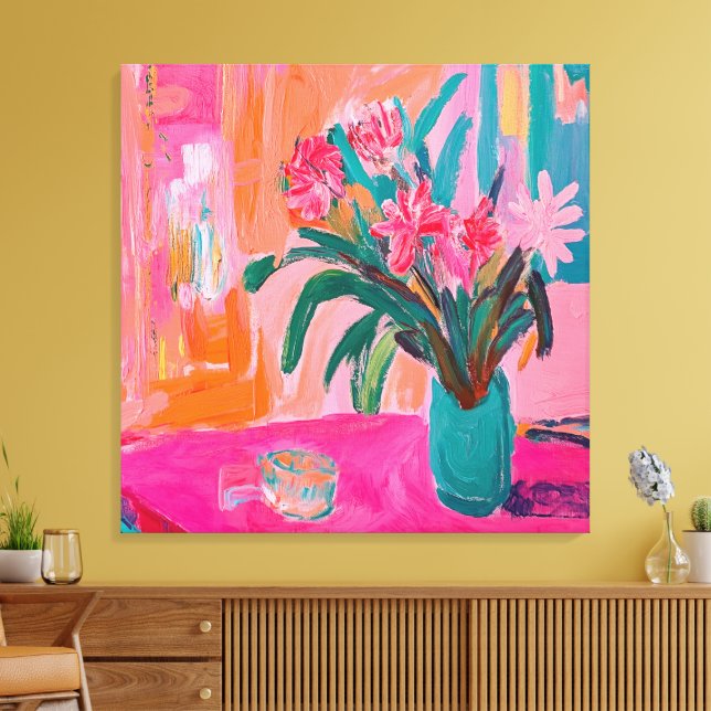 Impressão Em Tela Vaso Fauvist Vibrante de Flores Rosa (Insitu(Sala de estar))