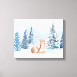 Impressão Em Tela Veado de Aquarela Chic Winter na Floresta