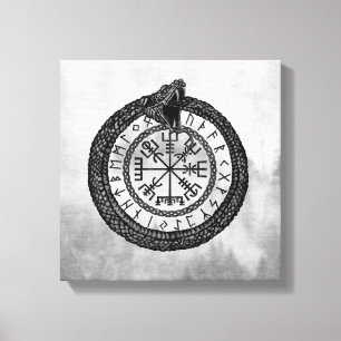 Impressão Em Tela Vegvisir com Ouroboros e runes - grayscale