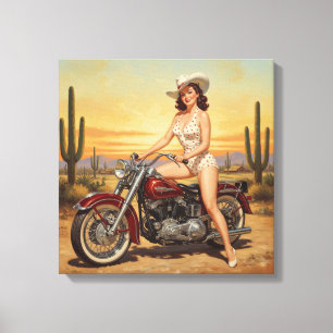 Impressão Em Tela Velha escola, Retro Pin-up Girl na moto