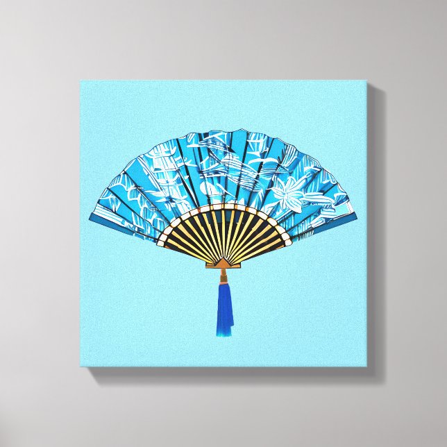 Impressão Em Tela Ventilador japonês azul e branco em turquesa (Frente)